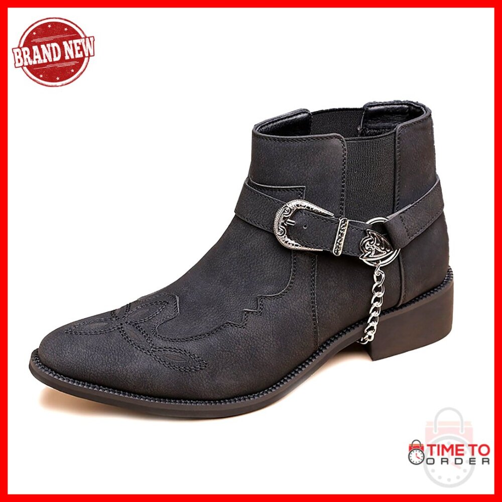 Men's Hand Embroidery Chelsea Boots Slip-On Chunky Heel Western Motorcycle